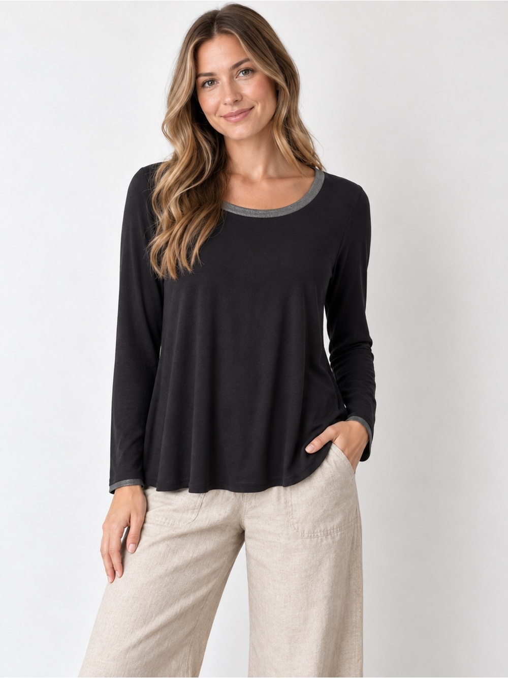 Three Dots Black Long-Sleeve Scoop Neck Top with Gray Trim
